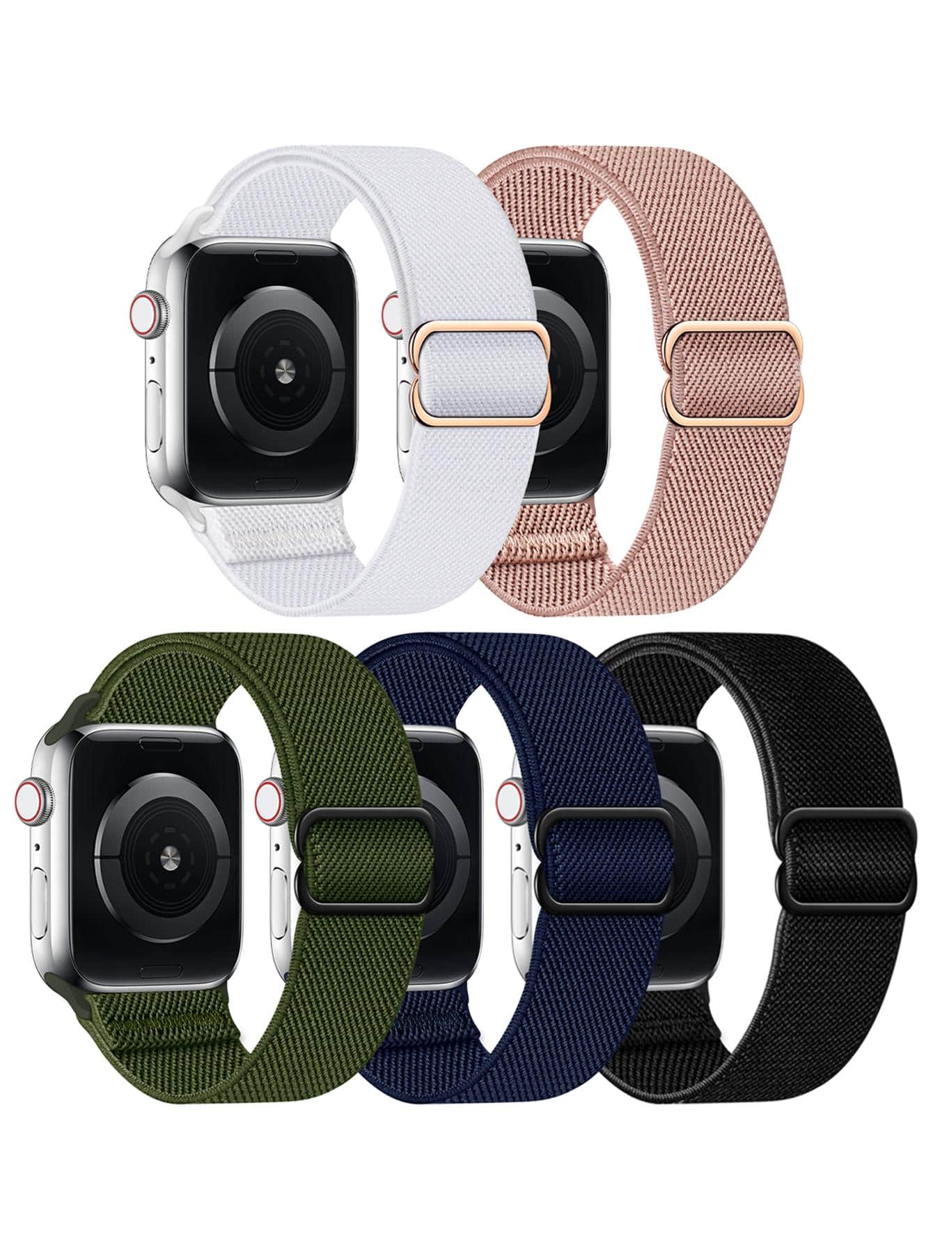 5 件/套编织弹力尼龙运动单圈表带兼容 表带兼容小米、兼容华为、兼容 Fitbit Versa 2 1、兼容三星 Galaxy Watch，20 毫米 22 毫米 38 毫米 40 毫米 41 毫米 42 毫米 44 毫米 45 毫米 46 毫米 49 毫米 男女通用，尼龙弹性表带腕带兼容 Series 10 9 8 7 6 SE 5 4 3 2 1 Ultra Ultra 作为送给返校学生的礼物