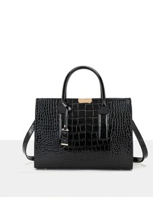 Túi xách quai trên dập nổi họa tiết cá sấu, quai đôi PU thanh lịch, Quà tặng Ngày của Mẹ cho Mẹ - màu đen - Xem 4