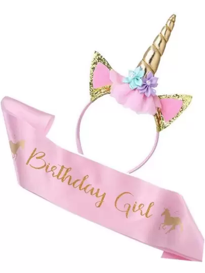 Unicorn Theme Birthday Headband,Birthday Powder Makeup Headband Set With Gold Hairband,Princess Party Decoration, Back To School Valentine Day