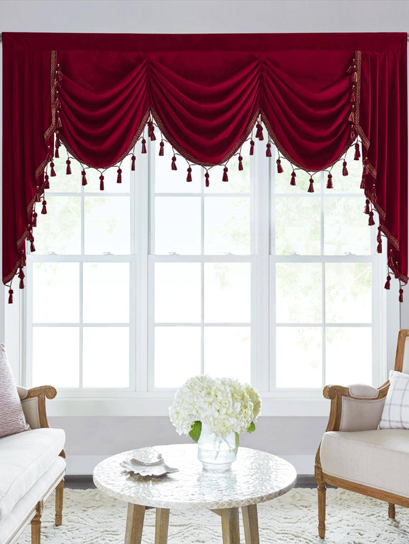 Sang Trọng Màu Đỏ Nhung Tua Rua Ren Châu Âu Sóng Màn Đầu Cho Phòng Ngủ Và Phòng Khách, 1 PC - Màu Đỏ Sâu - Xem 1
