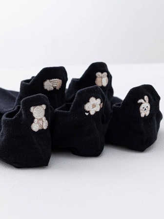 5 par kvinnor tecknad kanin och björn broderade ankelstrumpor i ledig stil, för vardagen