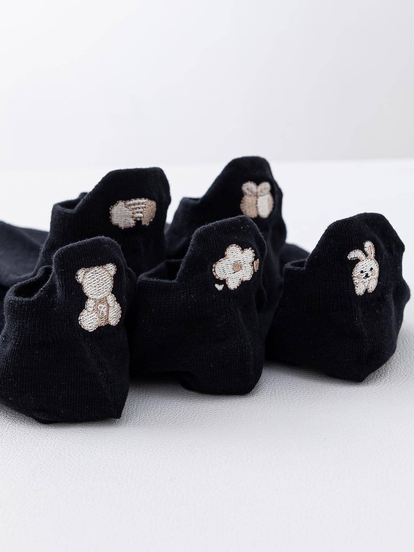 5雙女式卡通兔熊刺繡休閒風格及踝襪適合日常生活 - 黑色 - 查看 1