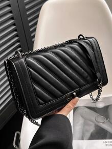 女士馬尾包，人字紋刺繡線扭扣肩袋，配鏈條肩帶 - 黑色 - 查看 3