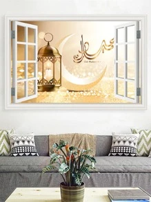 2pcs PVC Wall Sticker, Creative Moon & Lantern Pattern Waterproof Removable Wall Sticker For Home Wall Decor - Gold - View 2