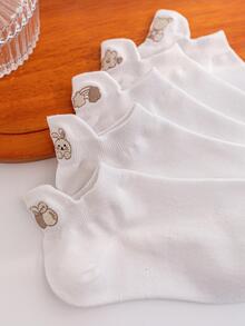 5雙女式卡通兔熊刺繡休閒風格及踝襪適合日常生活 - 白色 - 查看 4