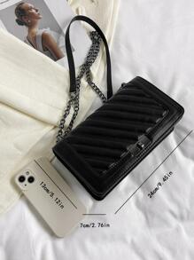 女士馬尾包，人字紋刺繡線扭扣肩袋，配鏈條肩帶 - 黑色 - 查看 8