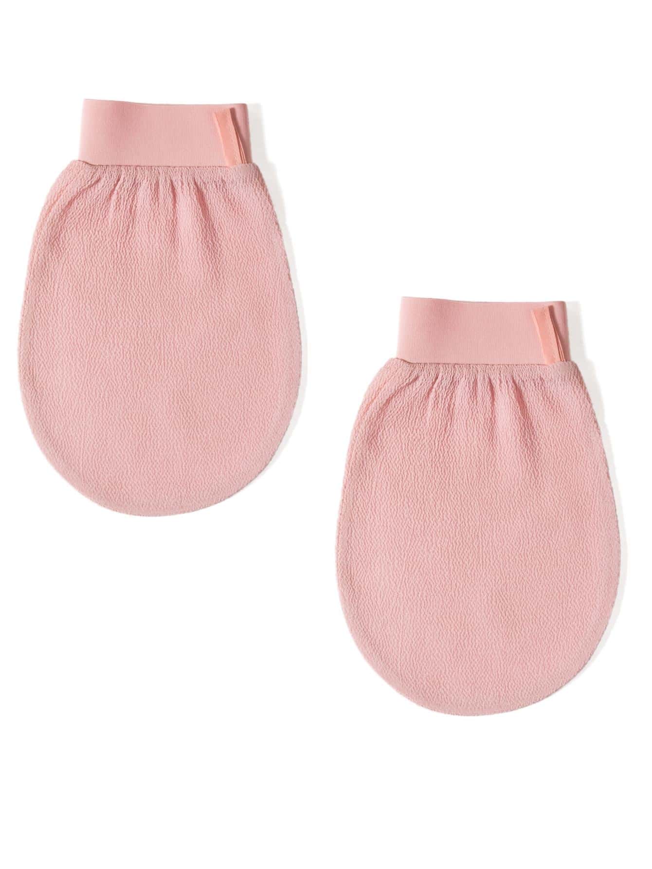 2入組/套織物死皮去除劑身體洗滌器浴用極簡主義素色去角質沐浴手套 - 粉色 - 查看 1