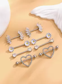 8入組/套方晶鋯石心和花朵裝飾乳環受歡迎穿孔身體鏈禮品適合女士和男士 - 銀色 - 查看 1
