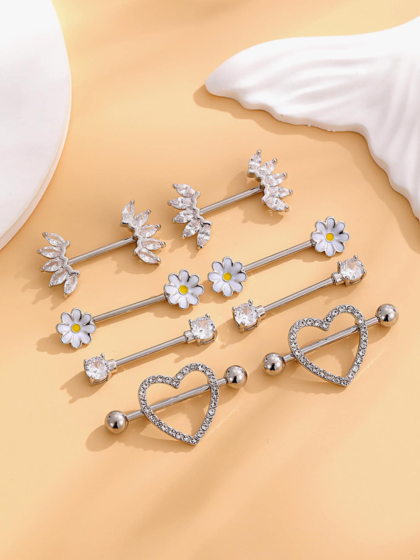 8入組/套方晶鋯石心和花朵裝飾乳環受歡迎穿孔身體鏈禮品適合女士和男士 - 銀色 - 查看 1