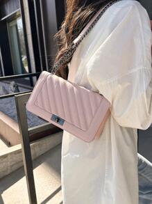 Herringbone Embroidery Thread Twist Lock Small Square Shoulder Bag Crossbody Bag Chain Strap Women's Bag