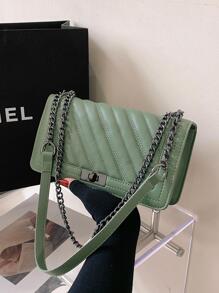 Solid Colour Square Bag Quilted Chain Strap - Army Green - View 5