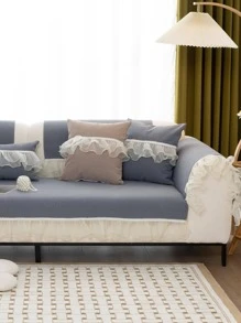 1入組素色蕾絲裝飾沙發巾現代滌綸防滑家用沙發巾 - 灰色 - 查看 2