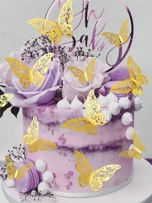 12 piezas Pegatina de mariposa papel con mariposa 3D creativo de color metálico con abertura para fiesta - Dorado - Ver 4