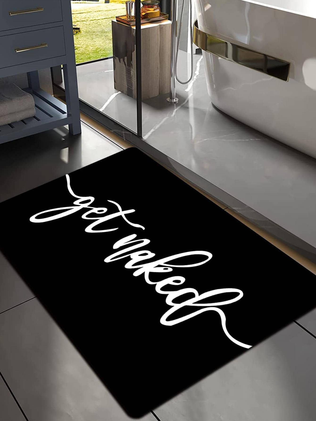 1入組字母圖案沐浴現代滌綸防滑浴室毯 - 黑與白 - 查看 1