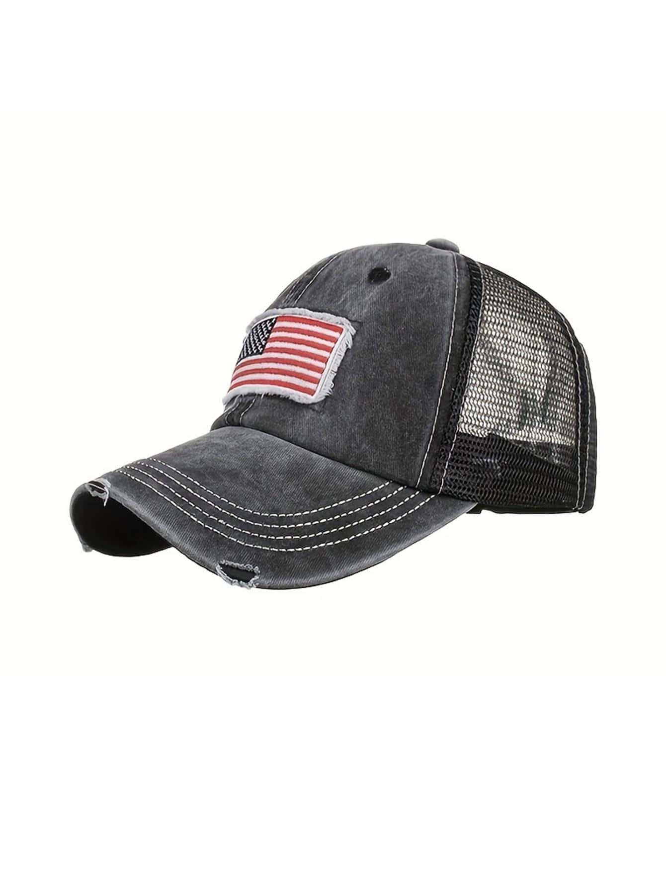 1pc Unisex American Flag Patch Decor Ripped Fashionable Trucker Hat, For Daily Life - Black - View 1