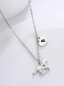 1 PC Inox Thời Trang Chữ Chi Tiết Trái Tim & Ngựa Vòng Cổ Cho Nữ Trang Trí Hàng Ngày - Bạc - Xem 2