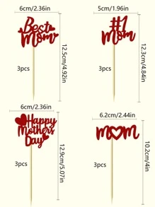 12pcs/24pcs "Happy Mother's Day" Cake Toppers, 4 Designs With 3 Of Each, Best Mom Mother's Day Birthday Cake Decor - Red - View 2