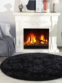 1 pieza Alfombra de piso unicolor negro mullido moderno redondo poliéster para - Negro - Ver 6