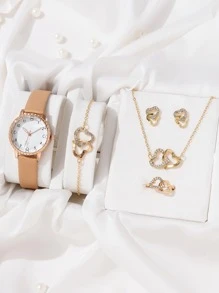 1pc Brown PU Polyurethane Strap Casual Round Dial Quartz Watch & 5pcs Rhinestone Heart Decor Jewelry Set, For Daily Life Holiday Valentines