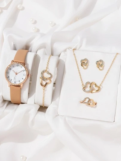 1入棕色PU聚氨酯錶帶休閒圓錶盤石英錶和5入組鑲有螢石心形裝飾珠寶套裝，適用於日常和節日