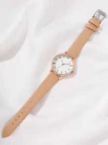 1pc Brown PU Polyurethane Strap Casual Round Dial Quartz Watch & 5pcs Rhinestone Heart Decor Jewelry Set, For Daily Life Holiday Valentines