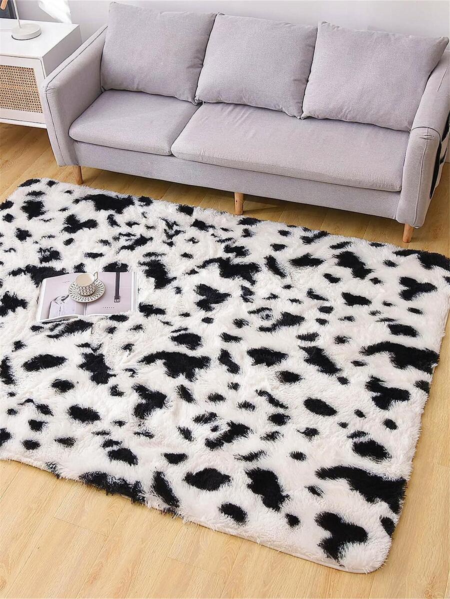 1 pieza Alfombra de piso con patrón de vaca moderno poliéster para casa - Blanco y Negro - Ver 1