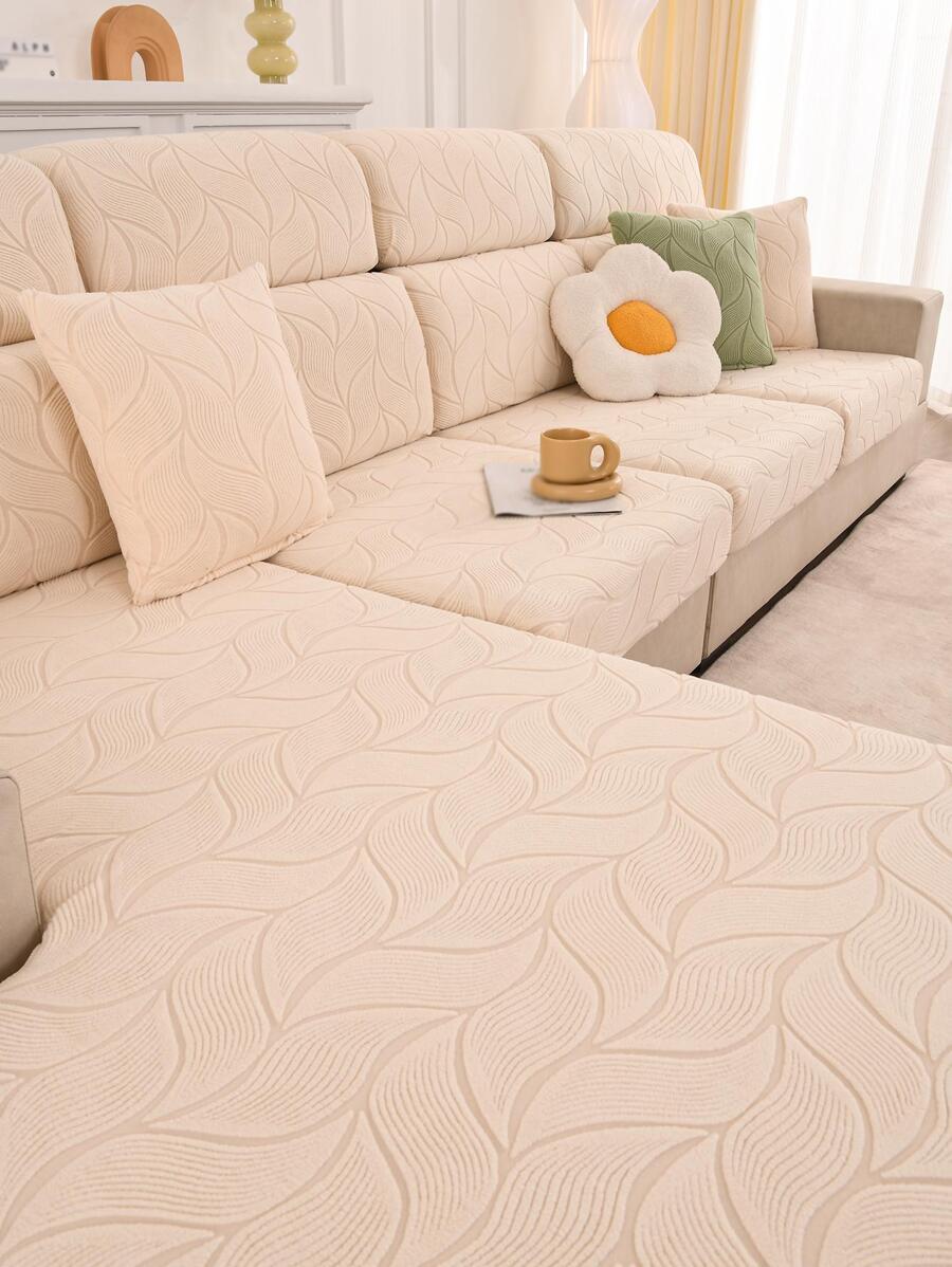 1入組樹葉提花沙發墊現代滌綸沙發座墊套 - 米色 - 查看 1