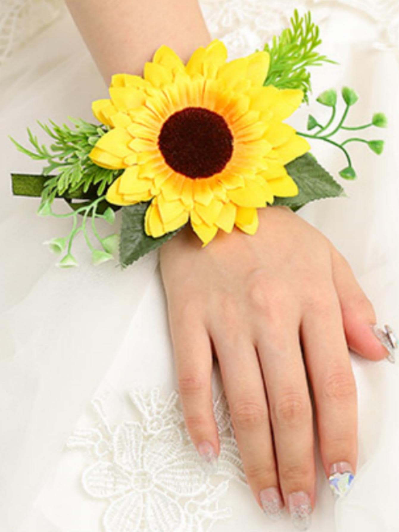 1入組無紡布織物人造向日葵裝飾手腕胸花手環適合婚禮 - 黃色 - 查看 1