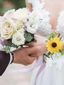 1入組無紡布織物人造向日葵裝飾手腕胸花手環適合婚禮 - 黃色 - 查看 7