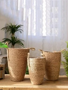 1pc Straw Flower Pot - Khaki - View 1