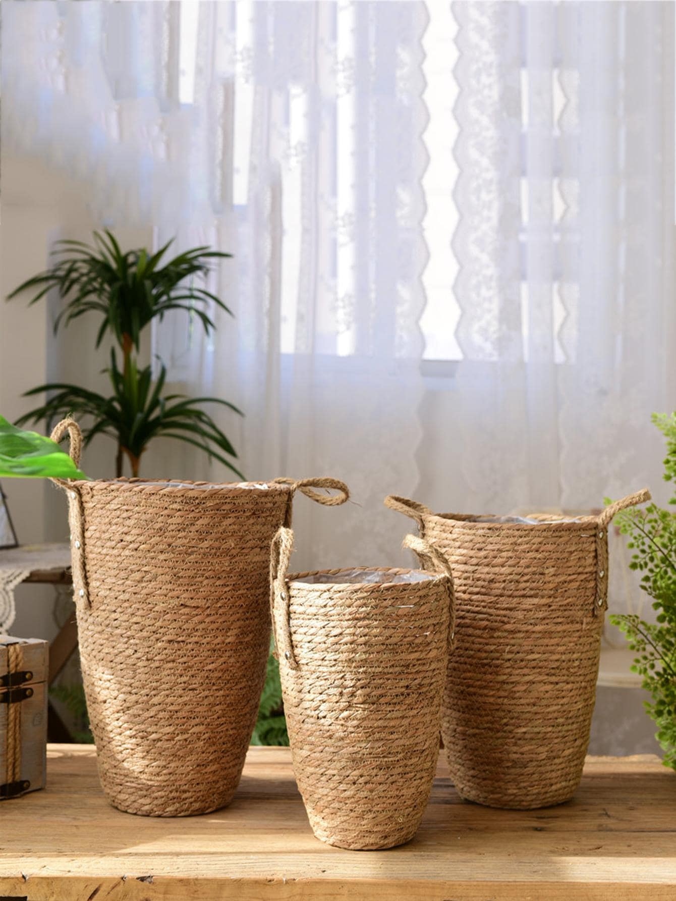 1pc Straw Flower Pot - Khaki - View 1