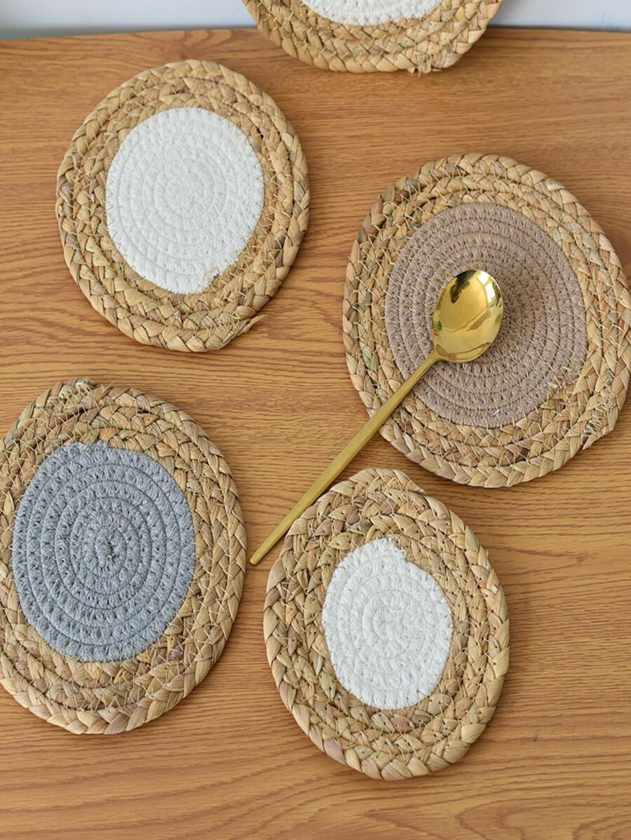 1pc Straw Place Mat, Minimalist Color Block Woven Table Mat For Home - Dark Grey - View 1