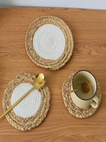 1pc Straw Place Mat, Minimalist Color Block Woven Table Mat For Home - Dark Grey - View 2