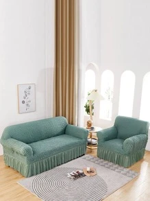 1入組素色荷葉邊裝飾彈力沙發座套客廳簡約滌綸沙發靠墊套 - 綠色 - 查看 1