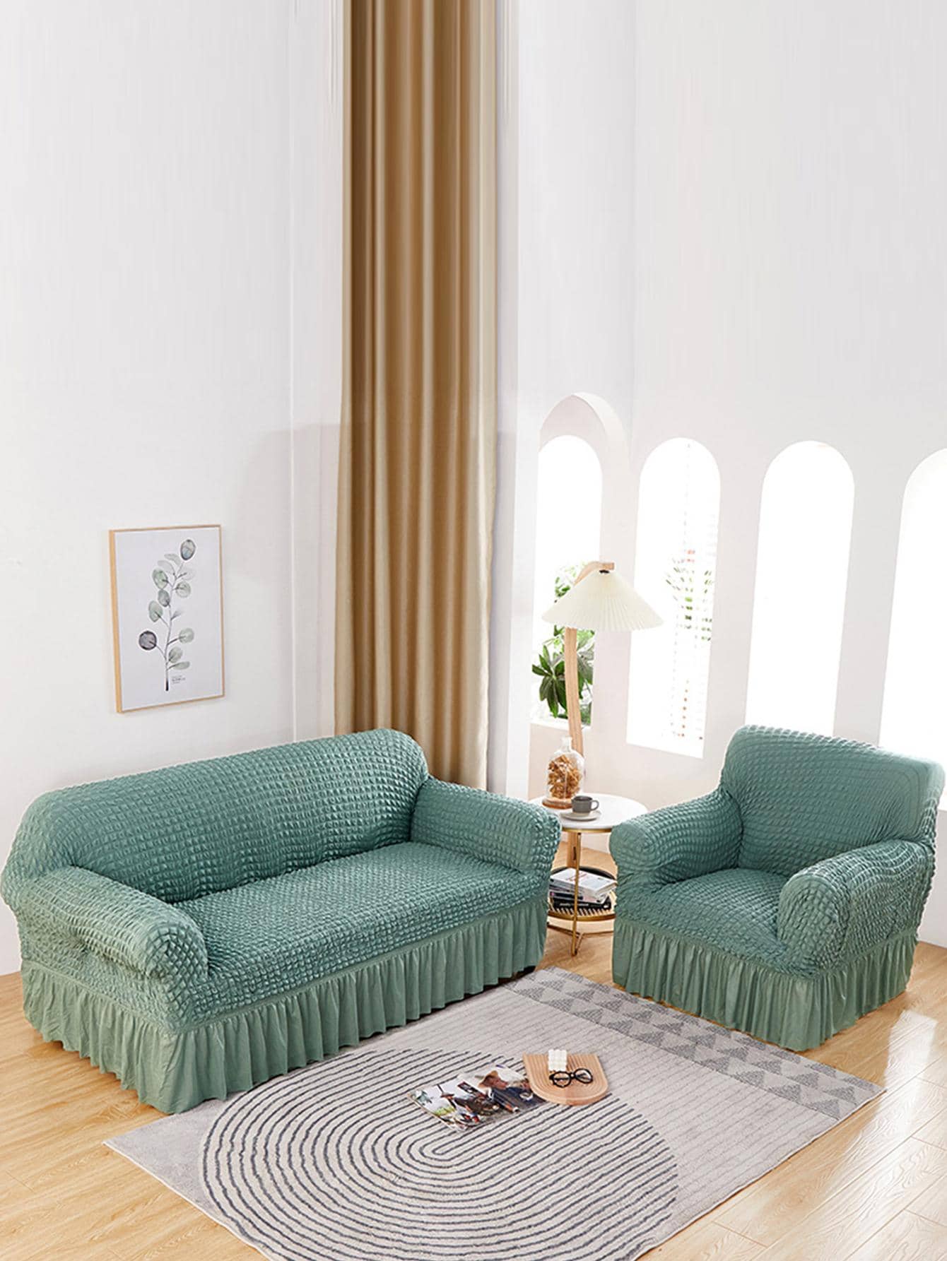 1入組素色荷葉邊裝飾彈力沙發座套客廳簡約滌綸沙發靠墊套 - 綠色 - 查看 1
