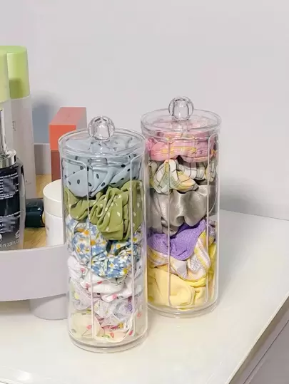 1个透明发圈架，带盖发圈收纳架，便携式发饰收纳架，少女完美发圈展示收纳架