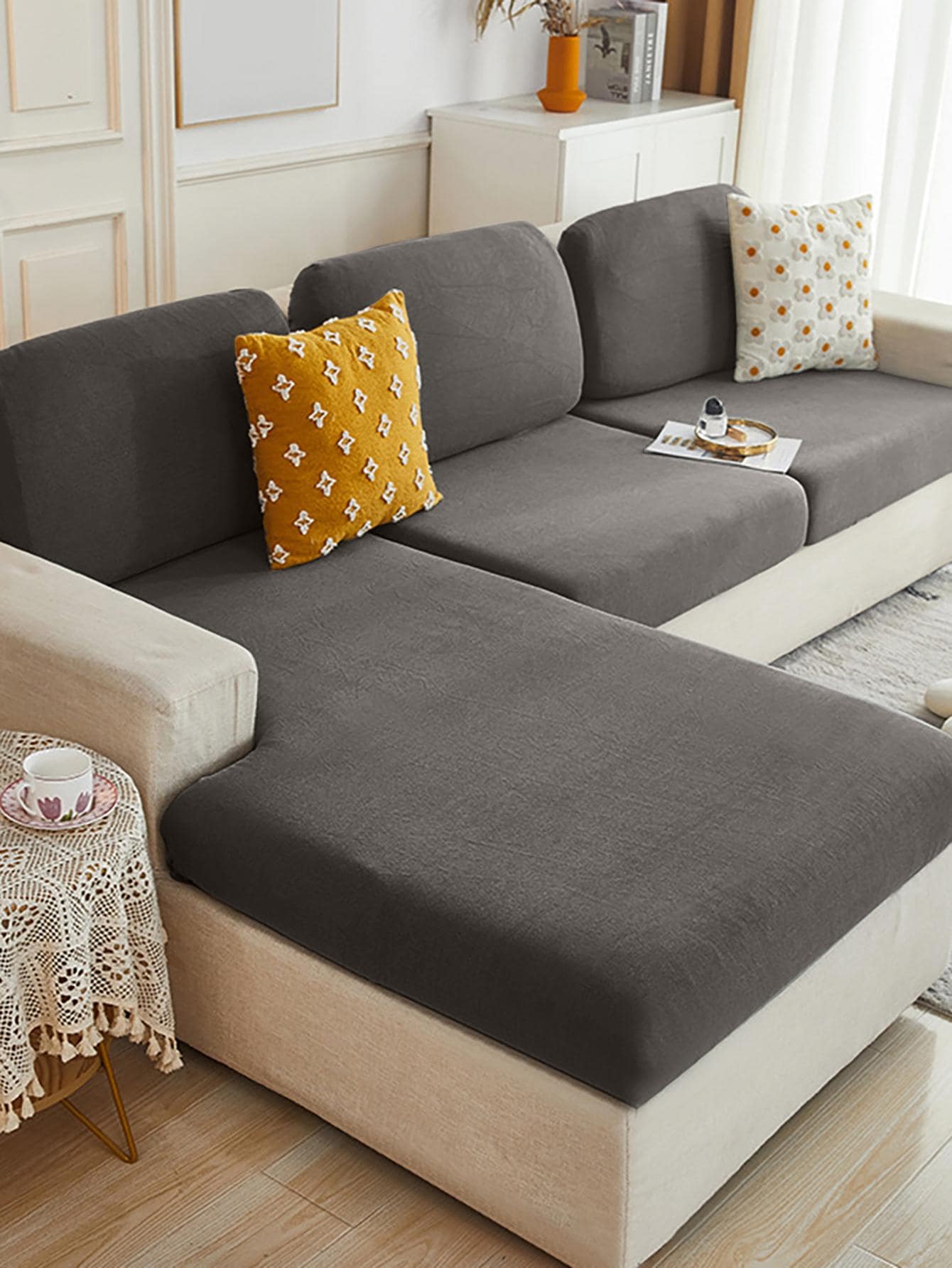 1pc Plain Stretchy Sofa Seat Cover - Dark Grey - View 1