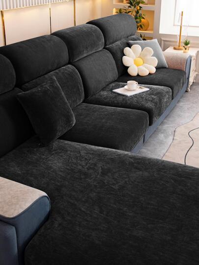 1pc Black Sofa Seat Cushion Cover, Minimalist Polyester Stretchy Sofa Cushion Cover For Home