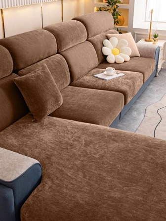 1pc Polyester Sofa Seat Cushion Cover, Simple Brown Stretchy Sofa Cushion Cover For Home