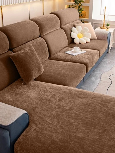 1pc Polyester Sofa Seat Cushion Cover, Simple Brown Stretchy Sofa Cushion Cover For Home