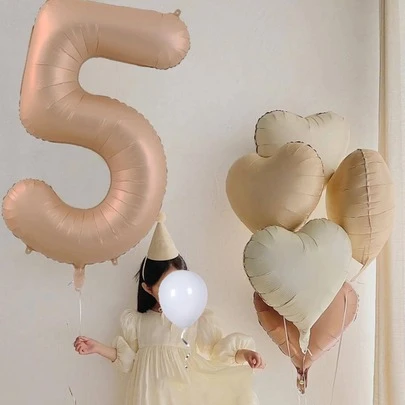 6 件巨型焦糖数字气球配咖啡色和奶油色白色心形氦气铝箔气球，适用于生日周年派对装饰