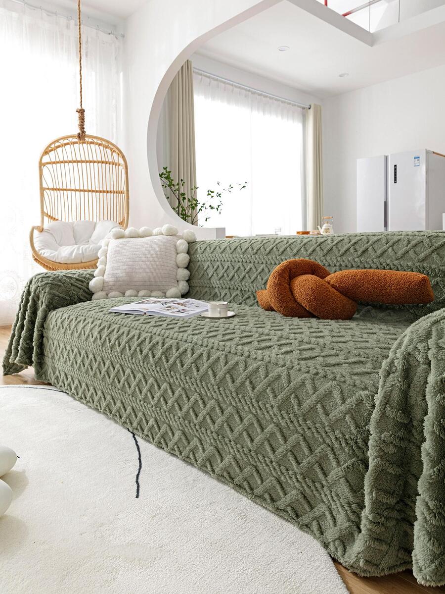 1入組幾何簇絨毛絨沙發毛巾現代滌綸沙發套毛毯適合家用 - 綠色 - 查看 1