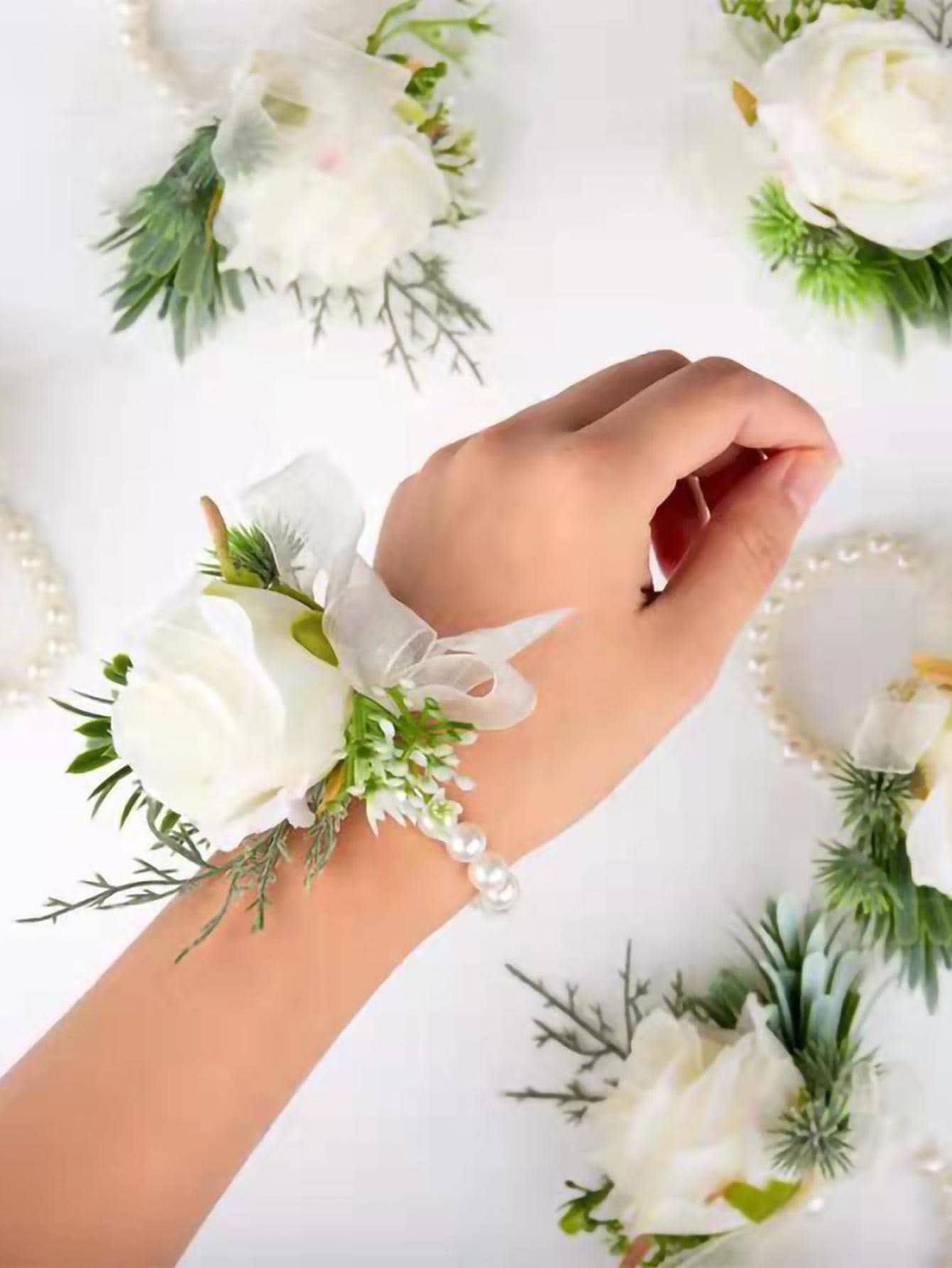 1 件仿珍珠装饰腕花，无纺布派对手链花，适用于婚礼 - 白色 - 查看 1