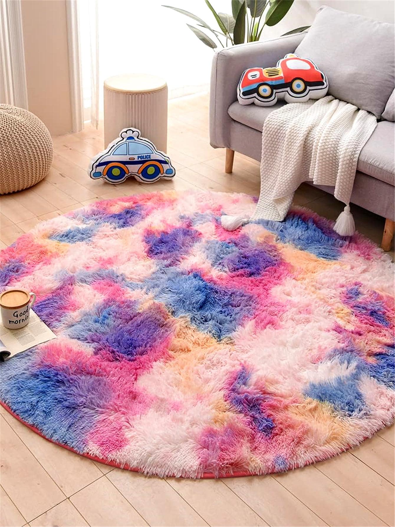 紮染毛絨地毯圓形毛絨防滑地墊適合兒童臥室 - 粉色 - 查看 1