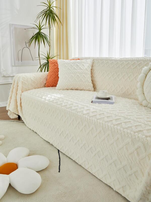 1pc Geometric Tufted Plush Sofa Towel, Beige Fabric Thick Sofa Cushion Mat, For Winter