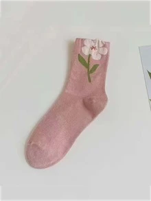 女式隨機花卉印花時尚圓領襪適合日常生活 - 彩色 - 查看 4