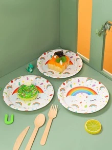 8 piezas/set Plato de cena desechable papel desechable con dibujos animados de arcoíris & con patrón de nube para fiesta - Multicolor - Ver 2