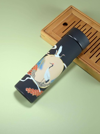 1入組卡通鶴圖案保溫瓶現代不銹鋼家用真空保溫瓶