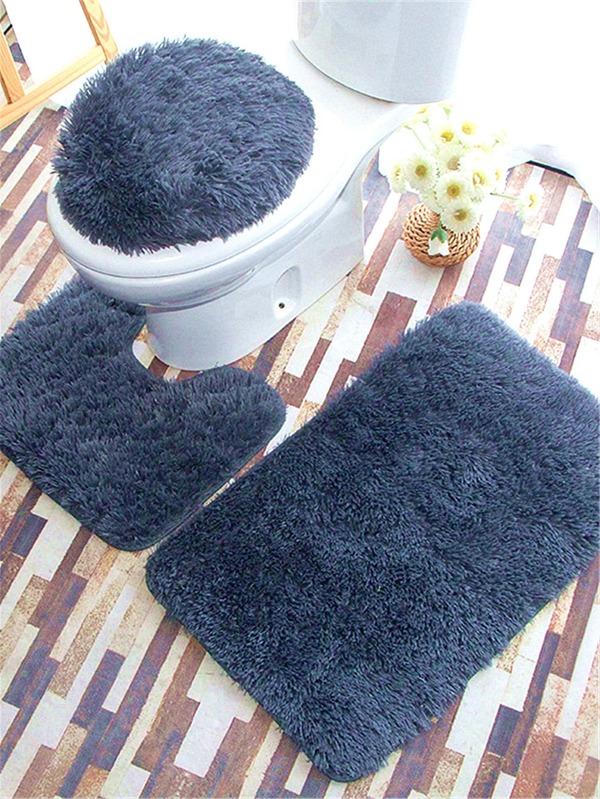3pcs Fuzzy Grey Bath Rug, Modern Polyester Toilet Mat For Bathroom