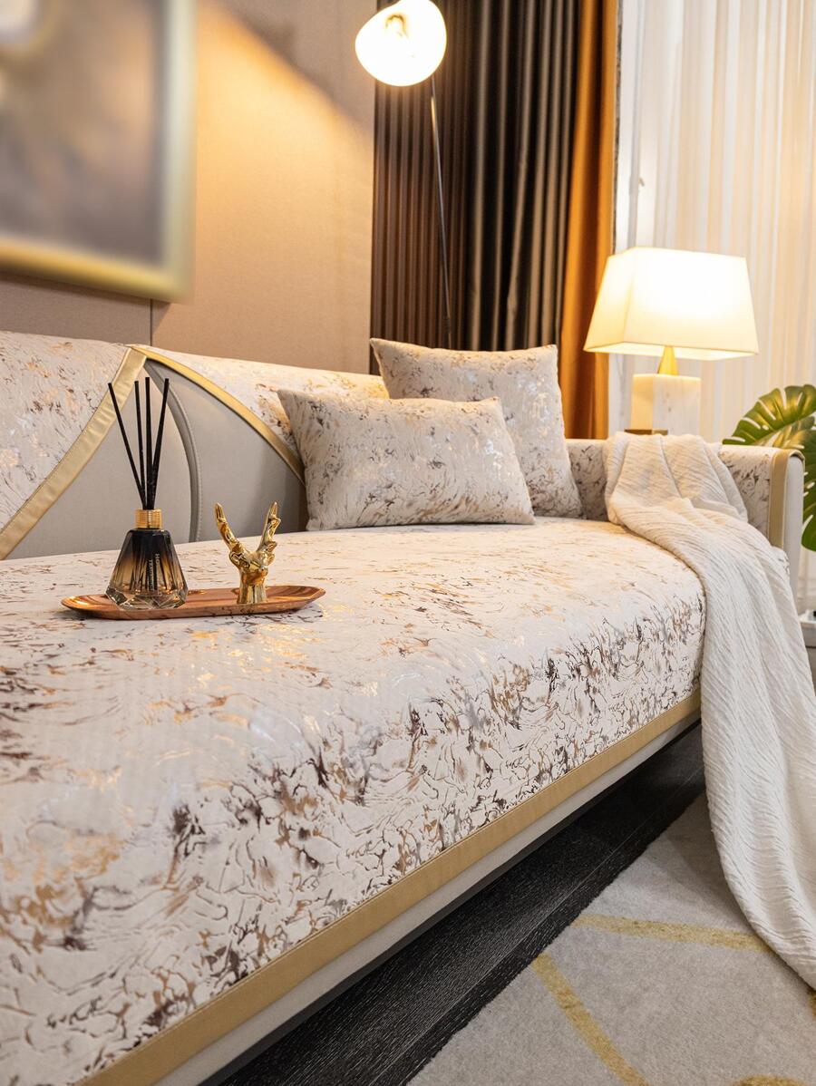 1 件高档雪尼尔金箔印花沙发垫,四季通用防滑防宠物防尘沙发套,欧式宫廷风格防刮沙发保护套适用于客厅 L 型沙发和 1/2/3/4 座沙发 - 米色 - 查看 1